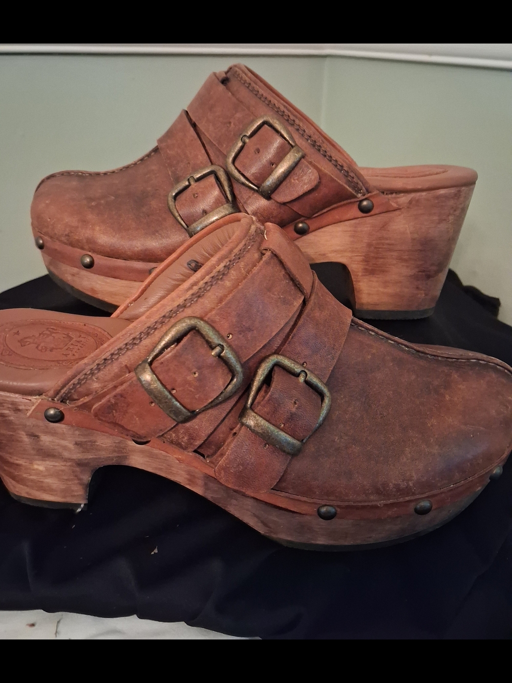Ariat Distressed Brown Leather Clog Mules with Buckle Straps